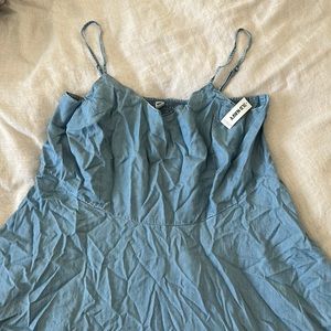 spaghetti strap Jean style skater dress with stretchy back